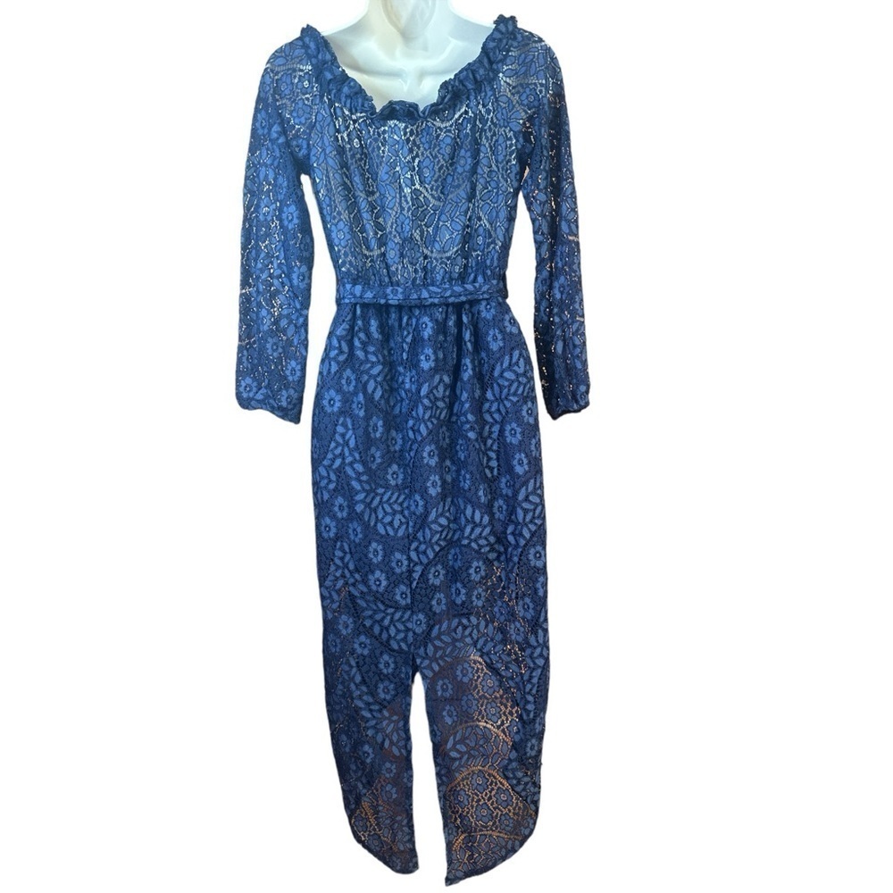 Jaase Navy Blue Lace Dress On or Off Shoulder Puffy Long Sheer Sleeve Hi Low Hem - Picture 2 of 8